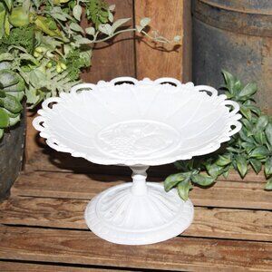 HEAVY Ornate VTG White Shabby Chic Cast Iron Pedestal Decor Dish